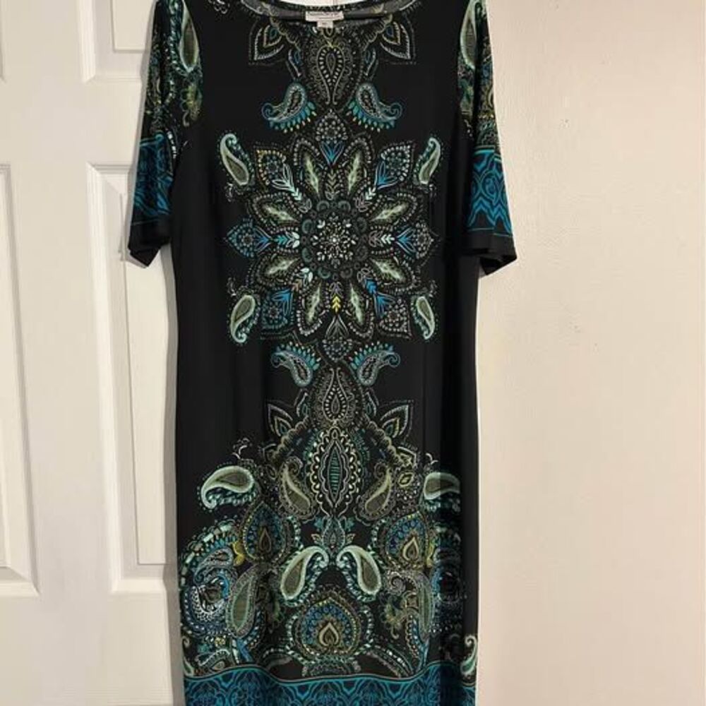 North Style Women’s MP Black Teal Paisley Print Midi Dress 3/4 Sleeve Stretch